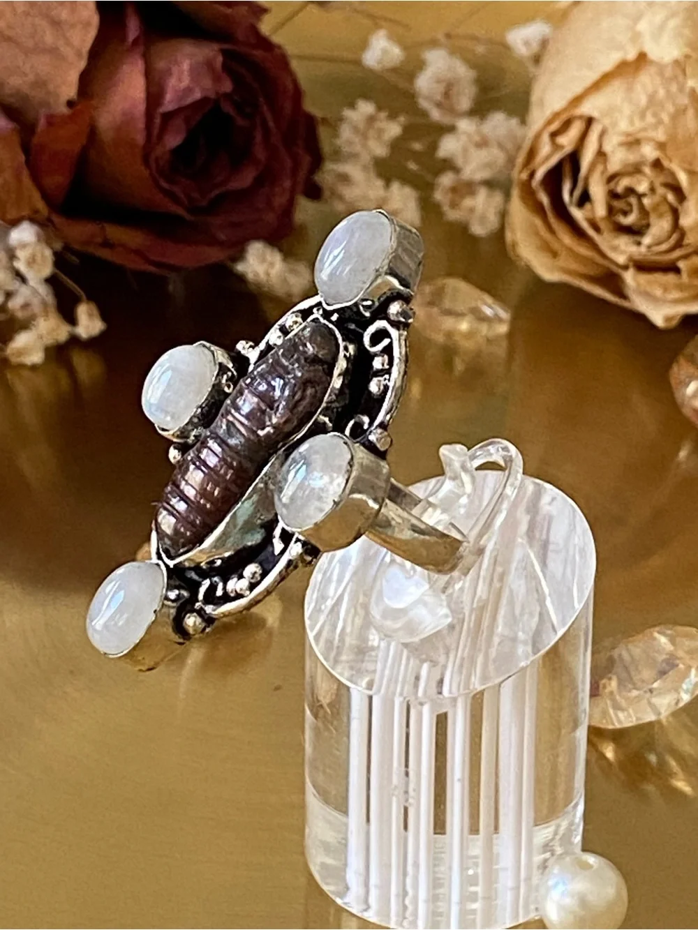 Moonstone And Biwa Pearl Ring Size 8.5